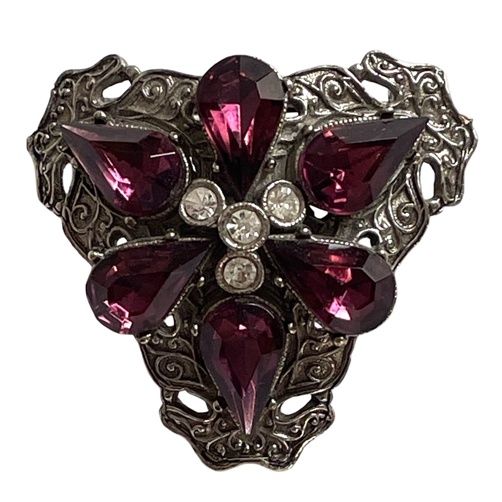 Vintage 80s Signed West Silver Tone Filigree Brooch With Amethyst Glass Stones